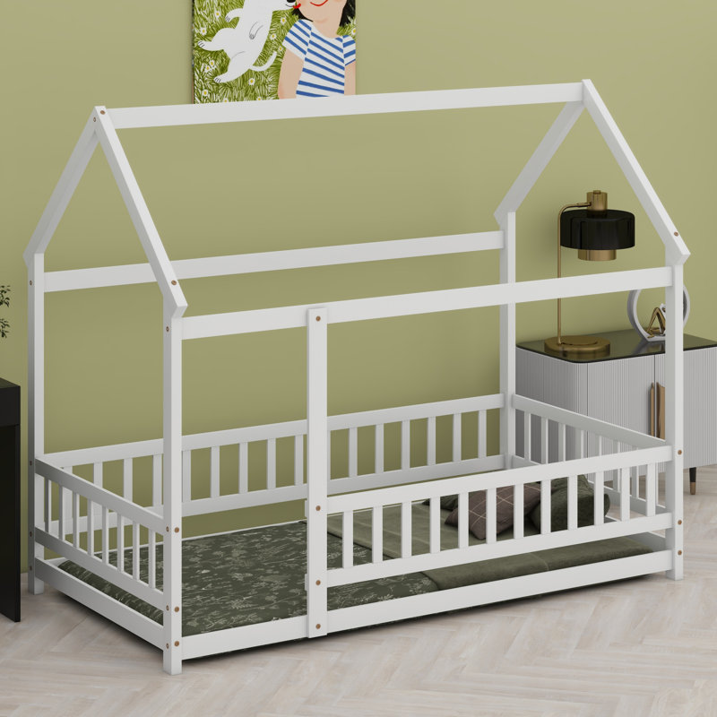 Lit en bois avec structure de toit et garde-corps de sécurité, Blanc