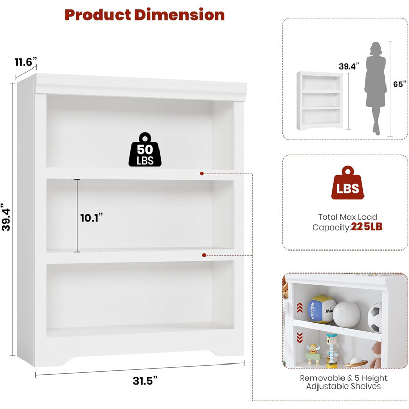 39.4"3-Tier Farmhouse Bookcase with Adjustable Shelves, Open Display Storage Bookshelf for Home Office, Living Room, Study or Balcony
