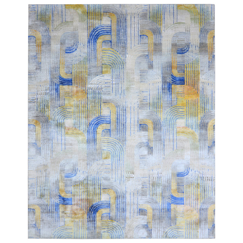 Hand Knotted Geometric Area Rug in Blue/Yellow/Gray, Rectangle 10' x 14'