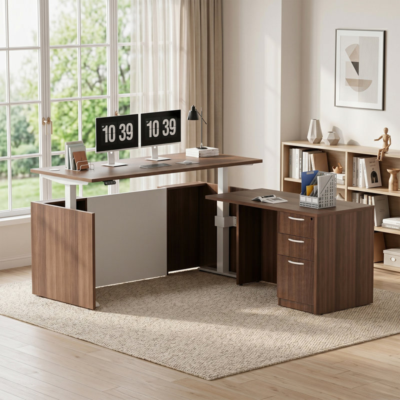 Nishad Adjustable Height Executive Standing Desk Pedestal, Walnut, L-Shape with 3 Drawers