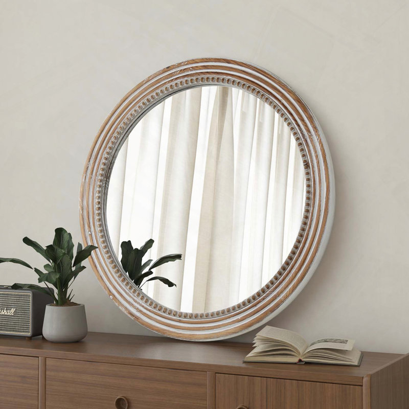 Miroir mural rond en bois perlé rustique