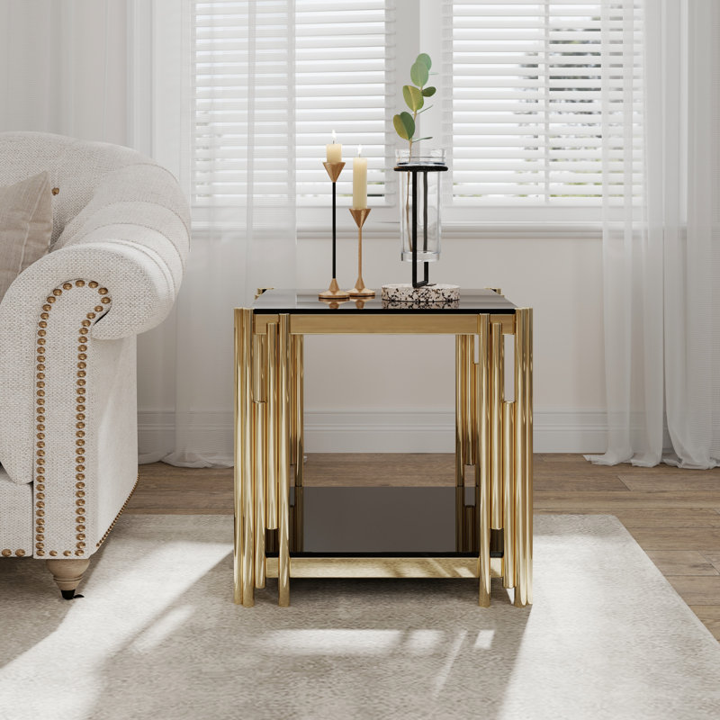 Table de bout en verre trempé à double couche supérieure et inférieure avec cadre en acier inoxydable à finition miroir, Noir