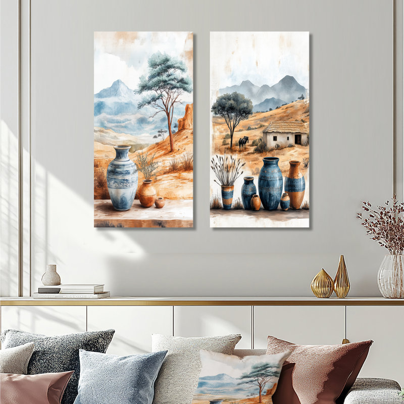 «Brown African Desert Pottery Serenity I - Boho Pottery Decor Art mural», ensemble de 2 pièces, Ne s’applique pas