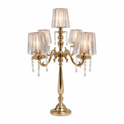 Centre de table candélabre doré à 5 branches avec abat-jour en verre, idéal pour un mariage, un souper ou une réception. Cadeau parfait pour la maison.