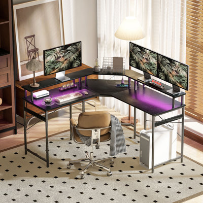 L-Shaped Metal Base Computer Desk with Power Outlet