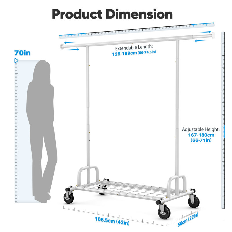  Heavy Duty Clothes Rail 238kg (525lbs) Capacity, Extendable Hanging Rack with Lockable Wheels & Shelves, Space Saving for Bedroom, Apartment, Laundry Room,Silver