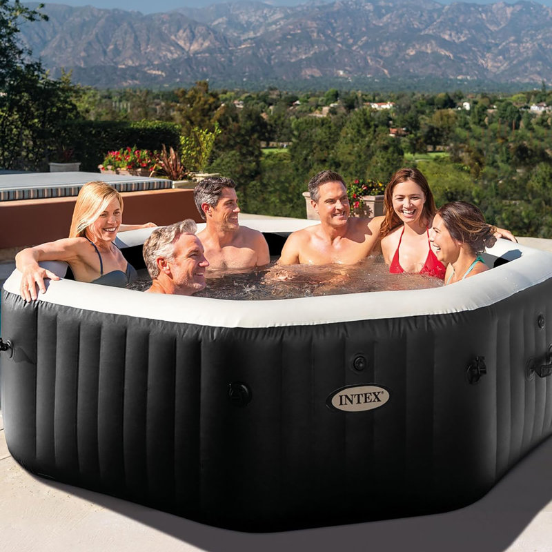 Intex: PureSpa Bubble Deluxe Spa Set - 6 Person, Black Onyx - 83 x 28" Inflatable Octagon Saltwater Hot Tub, 140 Jets, Energy Efficient Cover, 28457EP