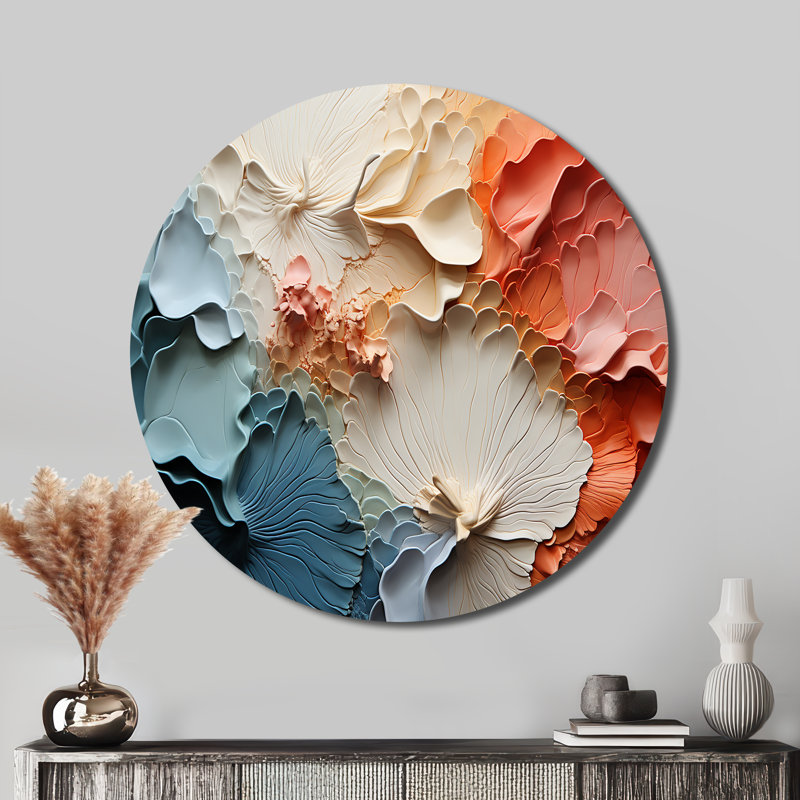 «Beige et orange Custards Collage II», art mural rond en métal abstrait, H 23 po x l 23 po