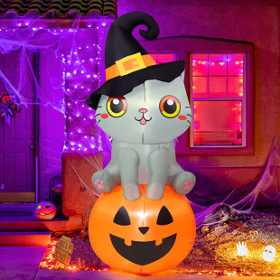 Décoration de chat gonflable d'Halloween de 6 pi avec citrouille assis
