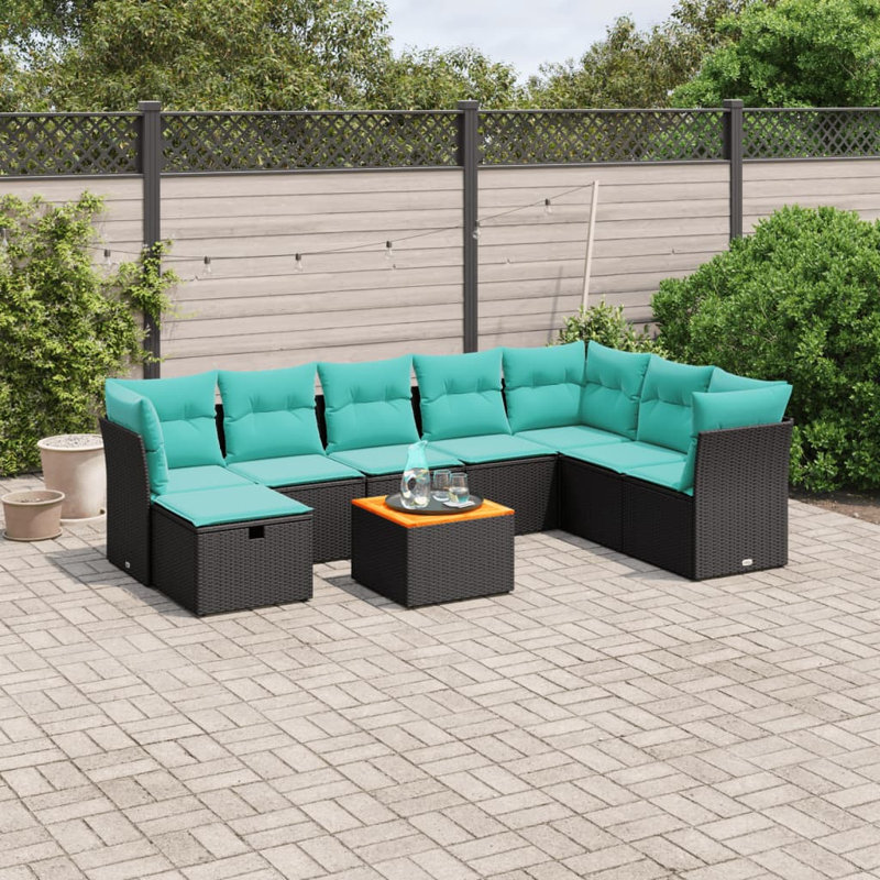 Ensemble de canapé de patio 9 pièces avec coussins en rotin de polyester, Bleu clair, Noir