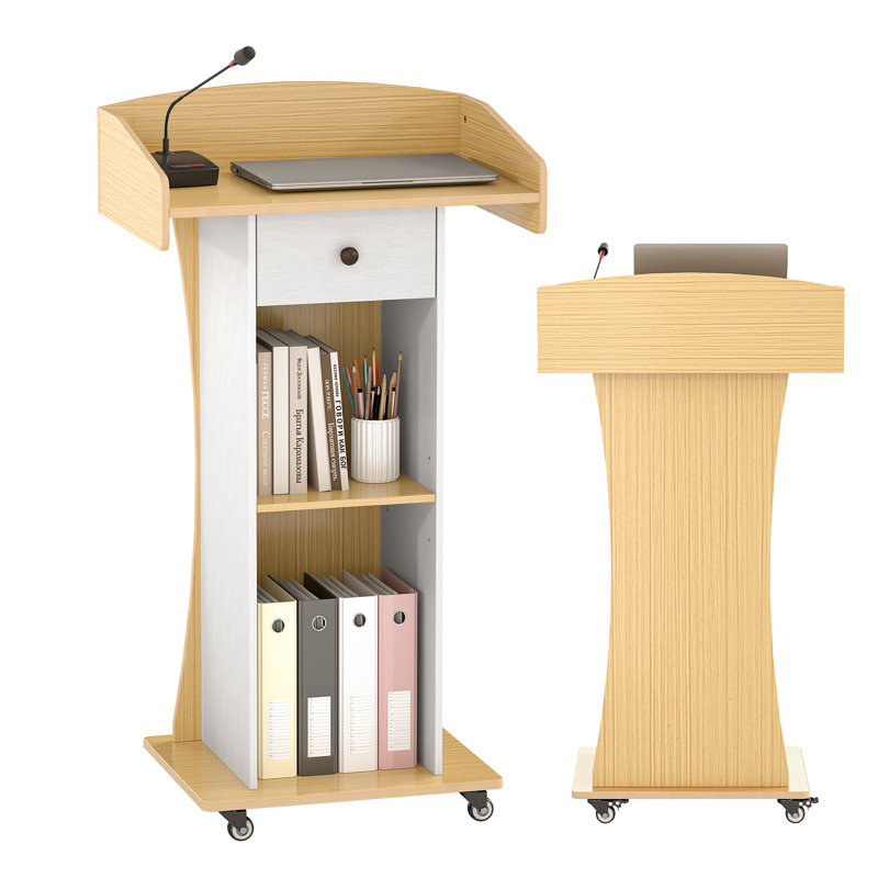 Pupitre mobile de qualité supérieure avec rangement, roulettes verrouillables et gestion des câbles, Noir / bois naturel