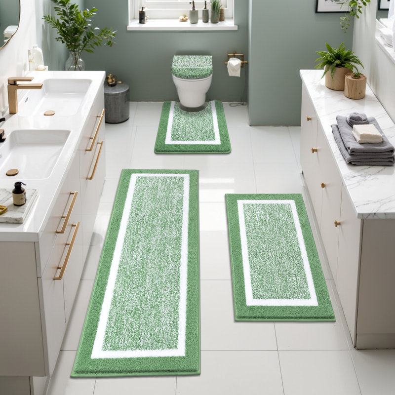 4 Piece Soft Absorbent Microfiber Bath Rug Set with Non-Slip Backing (Set of 4), Green