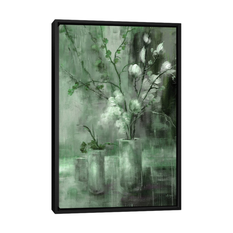 Floral argent, Vert, Toile à cadre flottant noir, H 26 po x l 18 po