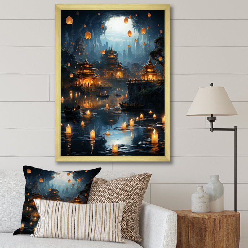 Art mural Japon, mer de lanternes III - paysages urbains, H 40 po x l 30 po x P 1,5 po, Encadrement doré