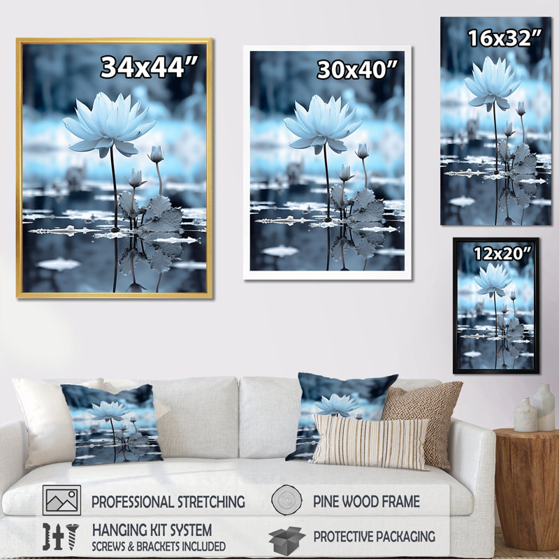 Monochromes bleus et blancs Winters Reflection I - Art mural sur toile florale, H 40 po x l 30 po x P 1,5 po
