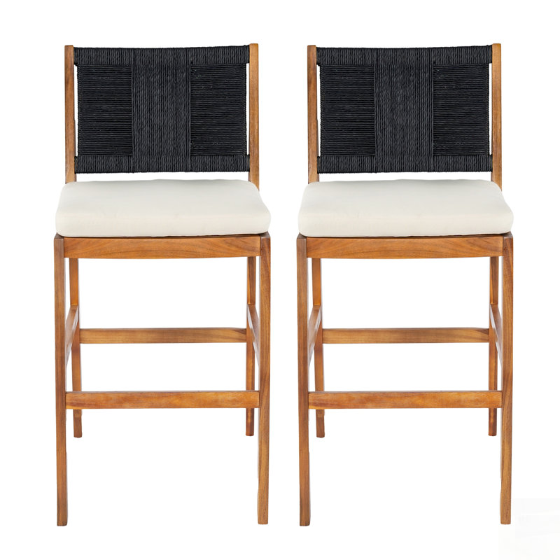 Tabourets de bar d'extérieur en bois d'acacia, ensemble de 2, avec coussin et dossier en osier pour patio et cuisine