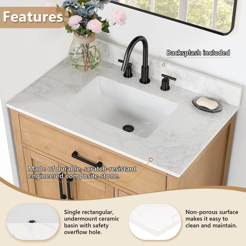 Ceres 37" Grain White Engineered Stone Vanity Top with Sink