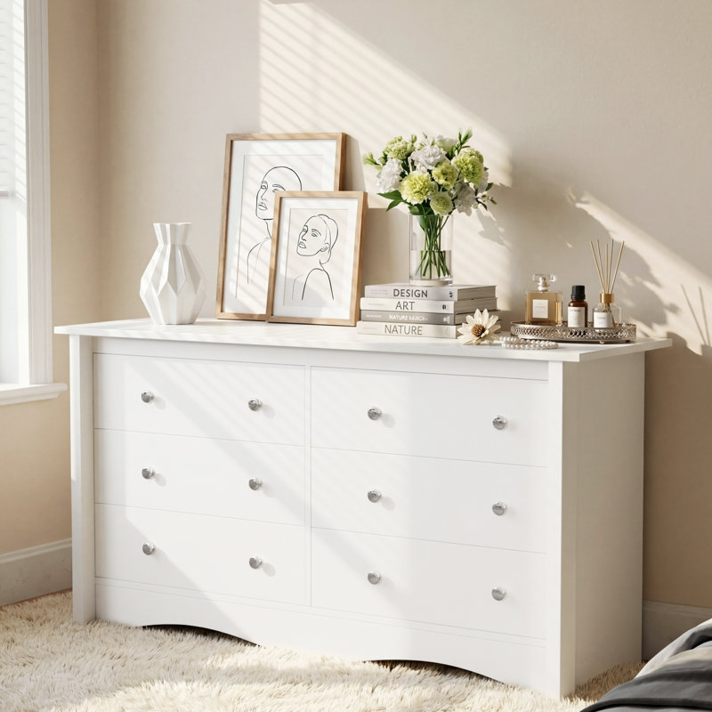 Commode large blanche à 6 tiroirs, commode horizontale en bois avec tiroirs coulissants et quincaillerie anti-basculement, armoire de rangement pour vêtements de chambre