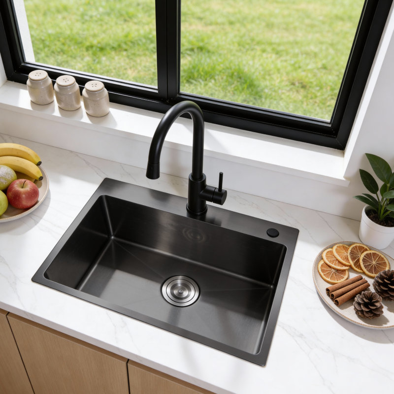 27"L × 19"W Drop-in Single Bowl Stainless Steel Kitchen Sink, Black