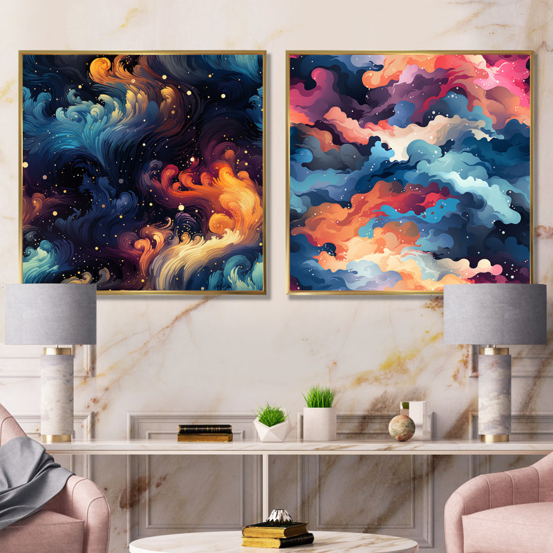 Daejon - Ensemble de 2 reproductions d'art sur toile abstraites, Encadrement doré, H 16 po x l 33 po x P 1 po