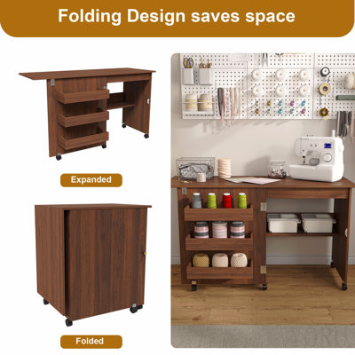 Walnut 4-In-1 Folding Sewing Table With Lockable Wheels – Multi-Functional Craft Station, End Table, Computer Desk & Kitchen Storage With Shelves, Rolling Sewing Machine Table For Apartments