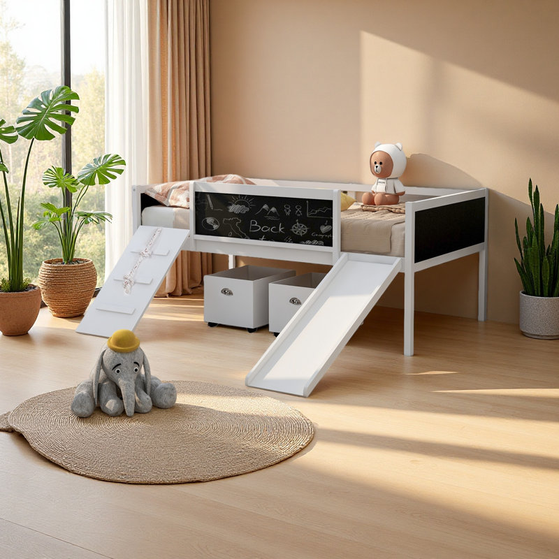 Lit mezzanine simple en bois avec deux boîtes de rangement, Blanc