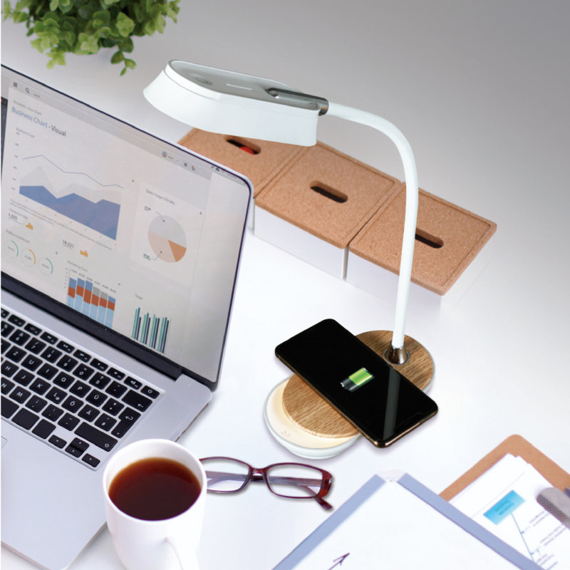 Lampe de bureau à DEL OttLite Inspire avec charge flexible sans fil, gradateur et veilleuse