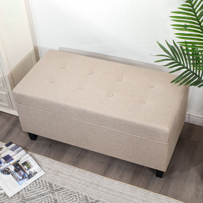 40" Tufted Linen Storage Ottoman Bench, Beige