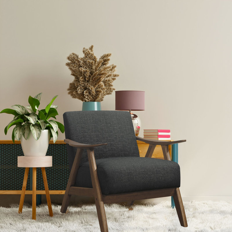 Ayzlee Upholstered Armchair, Fabric Accent Chair with Cushion Back, Retro Cushion Armchair with Solid Wood Arms and Legs for Living Room Home Office