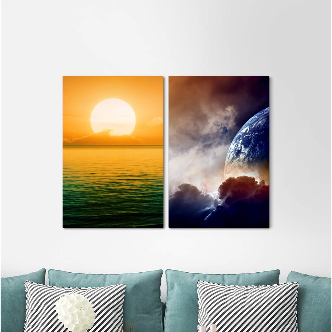 2-tlg. Leinwandbilder-Set - Grafikdruck „Earth Planet Sun Sunset Sea Space Clouds”