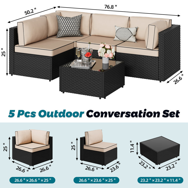 Ensemble de conversation d'extérieur pour 4 personnes avec coussins 4 personnes, Kaki, Noir