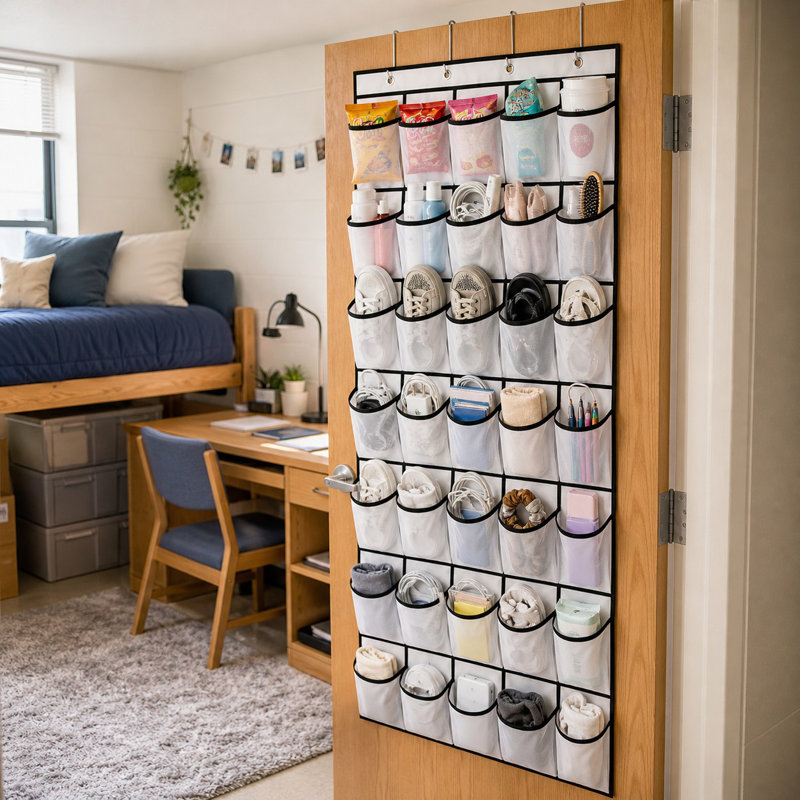Rangement pour chaussures 35 poches au-dessus de la porte avec poches en filet profondes et 4 crochets en métal, blanc