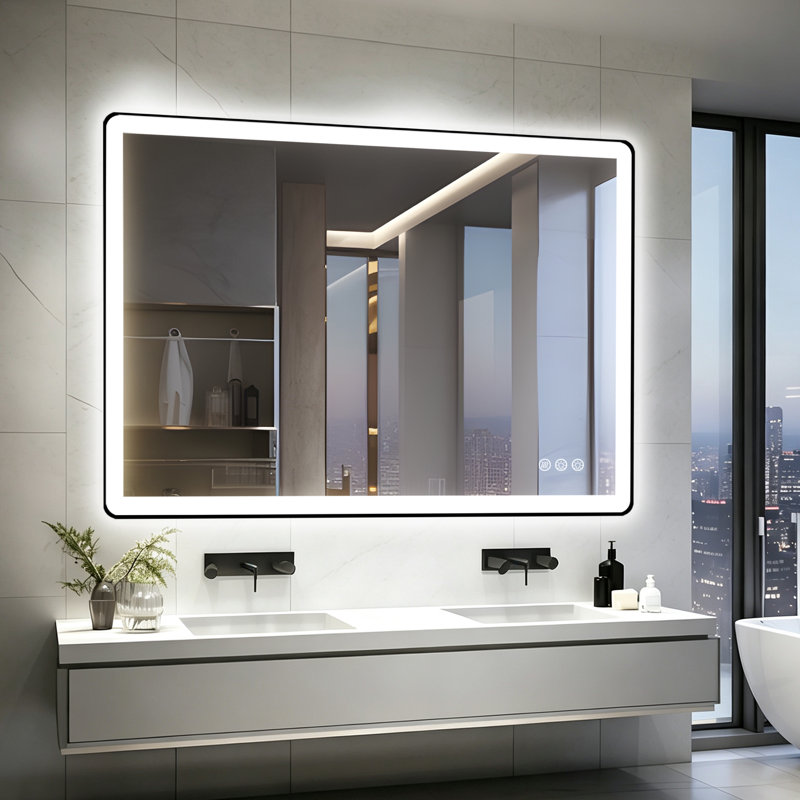  Miroir de salle de bain noir avec cadre noir à DEL rétroéclairé avec antibuée, luminosité réglable, 3 températures de couleur et verre trempé