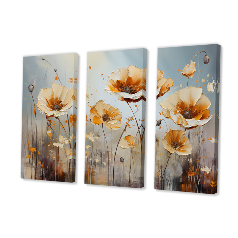 «Yellow and Grey Poppies Spatula Art», ensemble d'art mural sur toile Flower Field, H 28 po x l 36 po x P 1 po