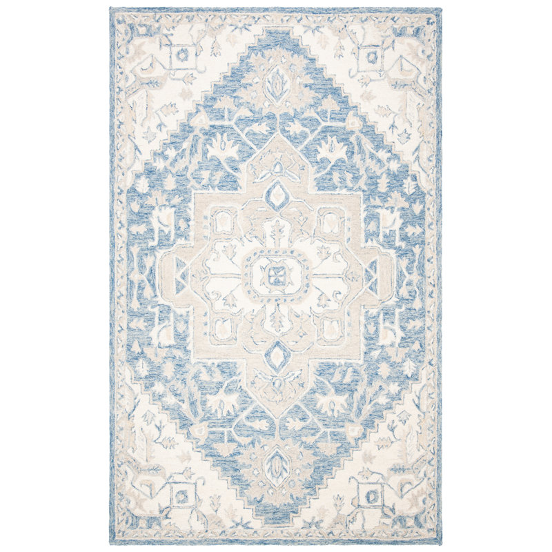 Cyrilmagnin Hand Tufted Wool Cotton Oriental Rug in Ivory/Blue, Rectangle 2'3" x 5'