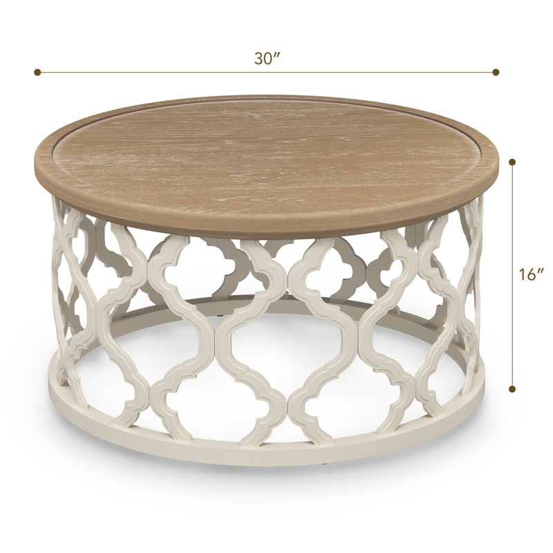 Mayenne Rustic Farmhouse Round Coffee Table with Distressed Wood Tray Top, Natural Wood Top/ Beige Base