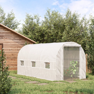 Très grande serre de plain-pied, 15 pi x 7 pi 7 pi, 6 fenêtres, porte, cadre en acier, blanc - facilite la croissance de plantes abondantes avec des légumes, des fruits, des fleurs, des herbes, des plantes grasses, un jardin de jeunes arbres tropicaux