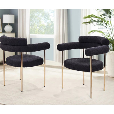 Ensemble de 2 fauteuils rembourrés noirs avec cadre en métal brossé, sièges mi-fermes pour la salle à manger, finition glamour en tissu, salle de réunion minimale
