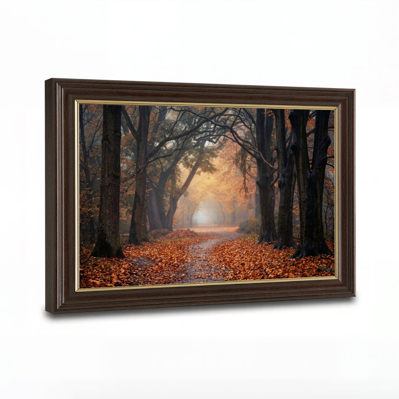 Chemin forestier brumeux d'automne avec des feuilles oranges, tableau sur toile, 16"H x 24"W
