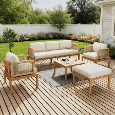 6-Person Outdoor Acacia Wood Conversation Set With Cushions And Table