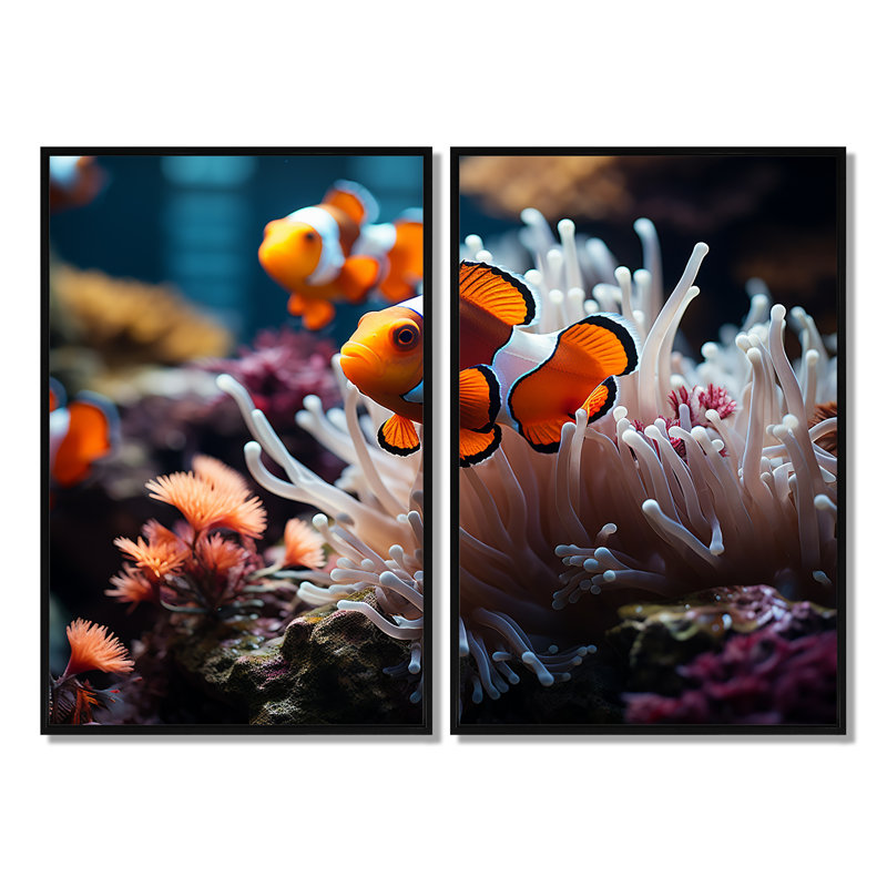 «Orange clownfish», art mural moderne et vert, H 36 po x l 48 po, Impression encadrée flottante sans passe-partout, Noir