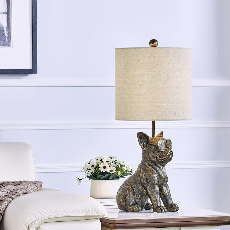 24.5"  Bronze Resin French Bulldog W/ Sunglasses Table Lamp  With Shade, Brown, Tan