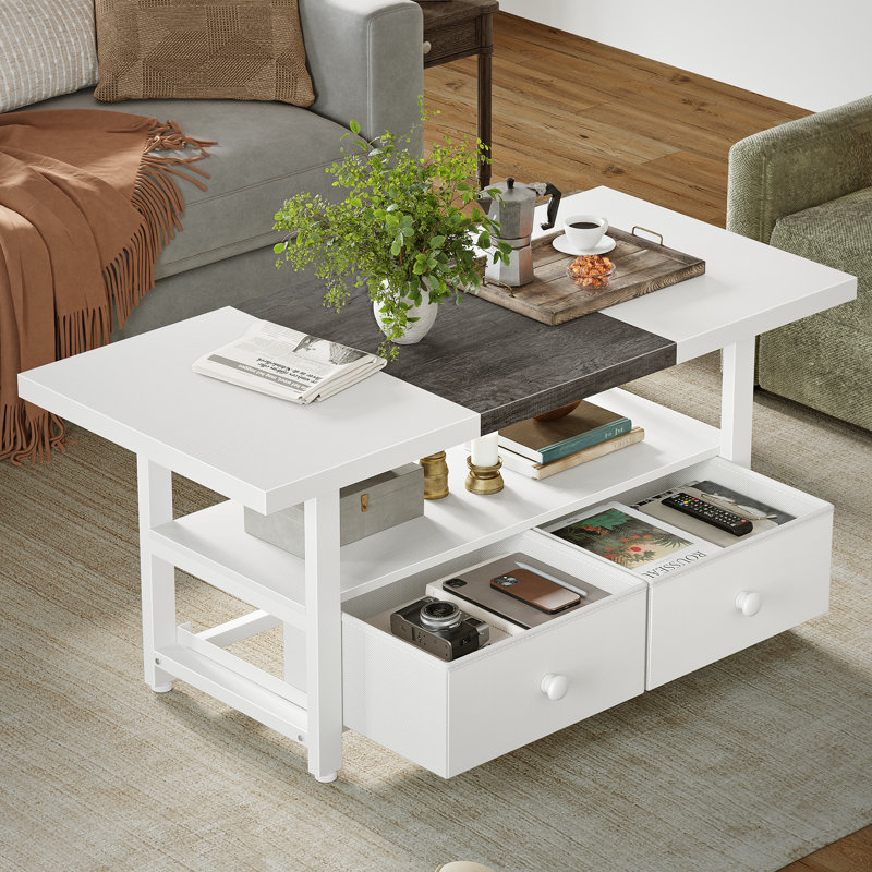Wynny Farmhouse Wood Coffee Table, Small Cocktail Table with 2 Drawers, Dark Gray/White