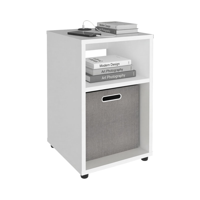 Table d'appoint Parmele H 19 po avec 1 tablette et 1 panier de rangement en tissu, Blanc