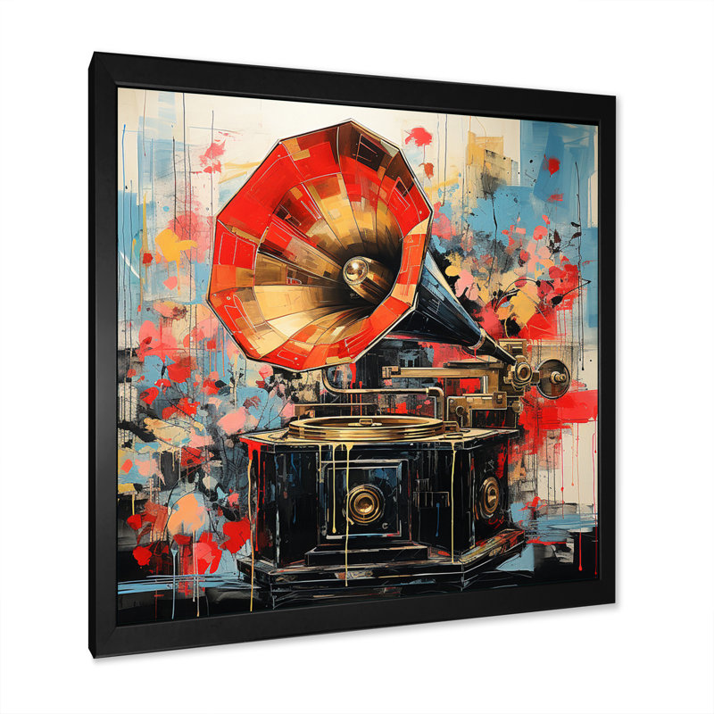 «Red Blue Phonograph Collage», reproduction, Cadre simple noir, H 24 po x l 24 po x P 1 po