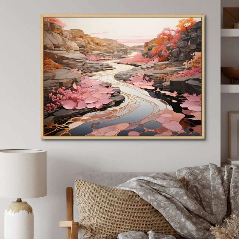 Impression sur toile encadrée rose, H 16 po x l 32 po x P 1 po, Cadre flottant brun