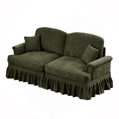 Élégant grand canapé à deux places Mid-Century élégant avec accoudoirs évasés et volants amovibles, jupes plissées et pieds fuselés, canapé confortable en chenille pour le salon