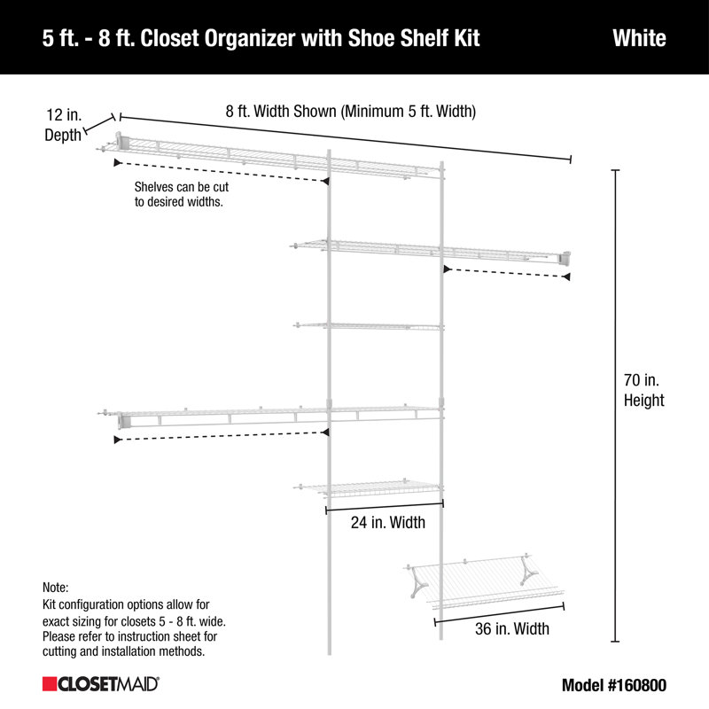 60" W - 96" W Wire Closet Organizer Kit with Shoe Shelf