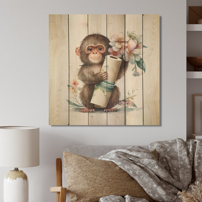 Singe Donnie avec rouleau de papier hygiénique et fleurs - impression sans cadre sur bois