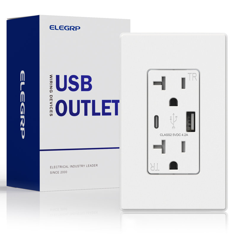 White 21W USB Wall Outlet with Type A and Type C Ports